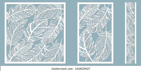 Pattern frame with feathers. Line, rectangle, square as a pattern of feathers. Template for laser, plotter cutting.