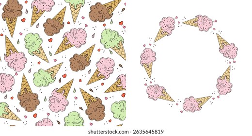 Pattern and frame, ice cream, space for text. Drawings, drawing of ice cream. Food, dessert. Multicolored ice cream in a waffle cone. Hand drawn line icon. Seamless repeating background.