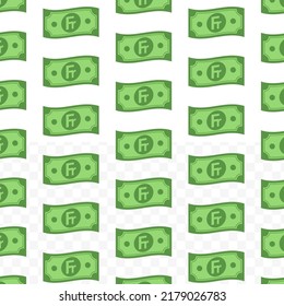 Pattern of Franc banknotes on transparent background with mini doodle (icon) and green color. Vector Illustration