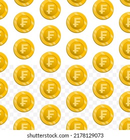 Pattern of Franc currency on transparent background with mini doodle (icons) and gold color. Vector Illustration