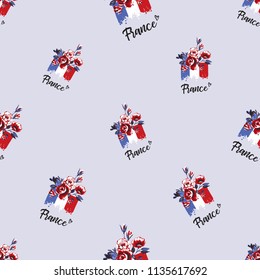 Pattern with France flag with rose flowers. Hand drawn graphic illustration with French symbols. Vector watercolor style vintage seamless background.