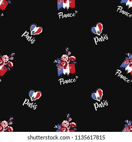 Pattern with France flags. Hand drawn graphic illustration with French symbols. Vector watercolor style vintage seamless on black background.