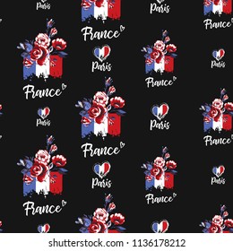 Pattern with France flags. Hand drawn graphic illustration with French symbols. Vector watercolor style vintage seamless on black background.