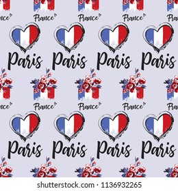 Pattern with France flags. Hand drawn graphic illustration with French symbols. Vector watercolor style vintage seamless background.