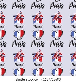 Pattern with France flags. Hand drawn graphic illustration with French symbols. Vector watercolor style vintage seamless background.