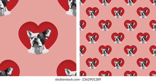 Patrón con Bulldog francés con patas, fondo de pantalla del día de San Valentín con corazones. Amar el corazón con la textura de las vacaciones de la cabeza de mascota. La cara de perro mira un fondo rojo cuadrado del corazón, caricatura. Día de San Valentín.