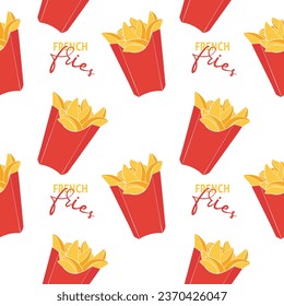 Pattern french fried potatoes in red box packaging. Fast food, junk. Box with inscription.
