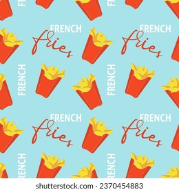 Pattern with french fried potatoes in red box packaging in blue background. 