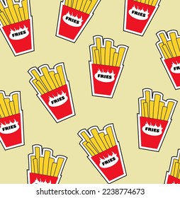 Pattern with french fries fried in a red package. Cartoon. Vector stock illustration. Beige background. Modern design for cases. print