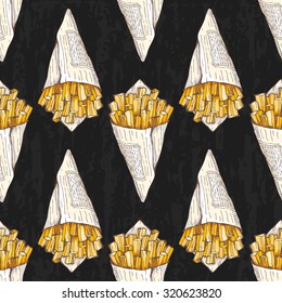 Pattern with french fries on dark grunge background; vector seamless pattern with takeaway french fries