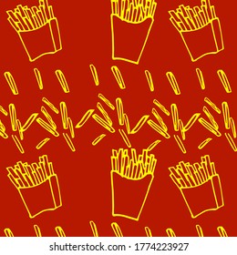 Pattern with French fries. Red background. It can be used in the design of food delivery services, cafe menus, etc