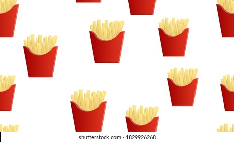 pattern, French fries in a red cup made of cardboard, vector illustration. on white background. mouthwatering fried potatoes, fast food for a quick lunch. restaurant wallpaper.