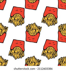 a pattern of French fries in a red package in a flat style. seamless pattern bottom Drawn in the style of doodles fast food yellow french fries in red cardboard takeaway packaging for labels menu 