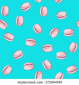 Pattern with french sweet macaroons. Delicious desserts on the pastel background. Can be used in food industry for wallpapers, posters, wrapping paper. Vector illustration