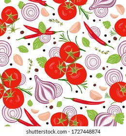 A pattern of fresh bright vegetables: tomatoes, garlic, red onions, hot chili peppers, herbs and spices. White background, top view. To develop menus, cookbooks, postcards, and websites.