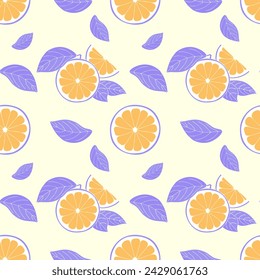 Muster aus frischen Zitrusscheiben und violetten Blättern auf pastellgelbem Hintergrund, handgezeichnete Skizze. Vektorgrafik
