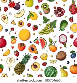 Pattern. Fresh food. Watermelon, cantaloupe, pomegranate, apricot, persimmon line drawn on a white background. Vector illustration.