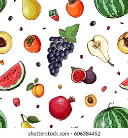 Pattern. Fresh food. Watermelon, cantaloupe, pomegranate, apricot, persimmon line drawn on a white background. Vector illustration.