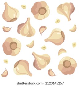 Pattern fresh garlic in cartoon style. Vector whole and parts garlic isolated on a white background.