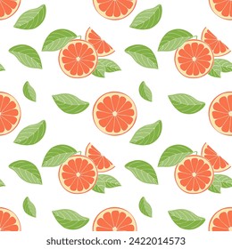 Pattern of fresh grapefruit slices and green leaves on white background, hand drawn sketch.