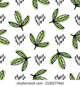 Patrón con hojas verdes frescas y corazones naturales sobre fondo blanco para el diseño de textiles, ropa de cama, ropa de niño, papel de envoltura.