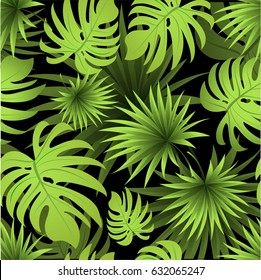 Pattern with fresh green tropical palm tree leaves and branches on a black background