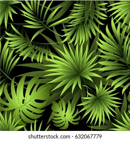 Pattern with fresh green tropical palm tree leaves and branches on a black background