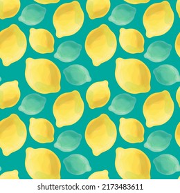 A pattern of fresh lemons and limes. Seamless vector illustration with a citrus pattern, turquoise background. Summer conceptual watercolor background.