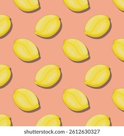 Pattern with fresh lemons on coral background. Creative concept