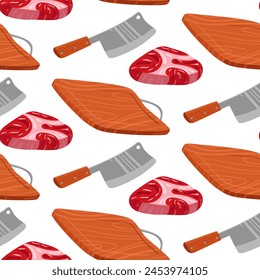 A pattern of fresh meat steak is cut with a large knife on a wooden board. Ideal for demonstrating recipes, cooking tips, cooking tutorials. Seamless vector illustration. Chef's slicing of steak