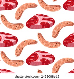 pattern of fresh meat steaks and grilled sausages, all on a white background. It is suitable for decorating the menus of seafood restaurants. Vector seamless texture with finished barbecue products