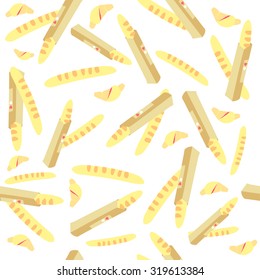 Pattern of fresh pastries. Background with baguettes and bread. The pattern for the bakery.
