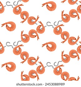 pattern of fresh pink boiled shrimp on skewers and separately, all on a white background, is suitable for decorating seafood restaurant menus. Vector seamless texture with finished barbecue products