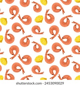 pattern of fresh pink boiled shrimp with lemon, all on white. It is suitable for decorating the menus of seafood restaurants. Vector seamless texture with finished barbecue products