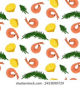 patrón de camarones hervidos de color rosa fresco con limón y romero, todo en blanco. Es adecuado para decorar los menús de los restaurantes de mariscos. Vector de textura sin costuras con productos de barbacoa terminados