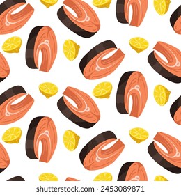 pattern of fresh pink red fish steaks with lemon, all on a white background. It is suitable for decorating the menus of seafood restaurants. Vector seamless texture with finished barbecue products