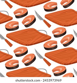 A pattern of fresh red fish steak is cut with a large knife on a wooden board. Ideal for demonstrating recipes, cooking tips, cooking tutorials. Seamless vector illustration. Chef's slicing of steak