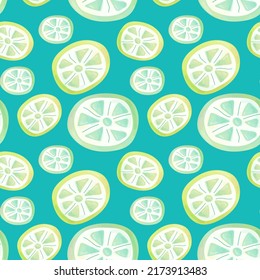 A pattern of fresh slices of lemons and limes. Seamless vector illustration with a citrus pattern, turquoise background. Summer conceptual watercolor background.