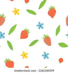 Pattern fresh strawberry, flower, leaves background food for background, wallpaper, print, fabric