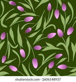  Pattern of fresh tulips on a green background. Seamless background for fabrics, textiles, packaging and wallpaper. Vector illustration in a flat style.