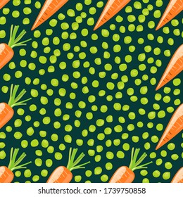 Pattern of fresh vegetables: green sweet peas and carrots on a dark green background. Vector drawing. The concept of healthy eating.