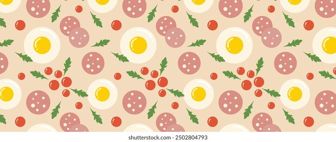 Pattern with fried eggs, cherry tomatoes, arugula and sausage. Vector seamless background with breakfast theme. For textile, fabric, wallpaper, packaging.