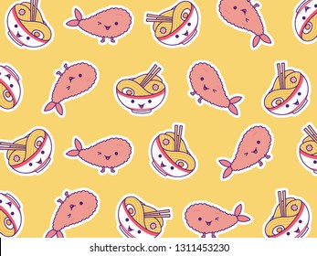 Pattern of Fried Shrimp and Bowl of Ramen Noodles with cute kawaii face expressions. Handmade in doodle style - Vector EPS