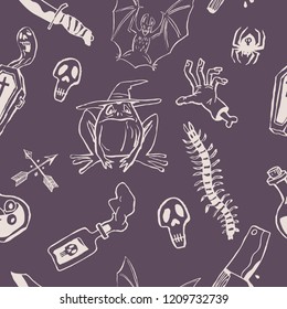 Pattern with a frog, a coffin, knives, a bat, poison. Two-color pattern for Halloween, suitable for packaging and decoration.