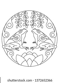 Pattern with frog. Illustration with a frogs. Mandala with an animal. Frog in a circular frame. Coloring page for kids and adults.