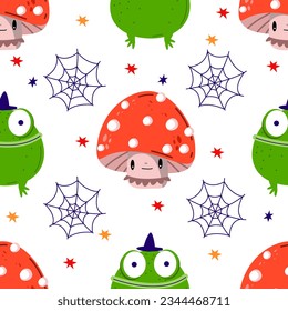 pattern with frog toad and mushroom fly agaric Halloween vector illustration