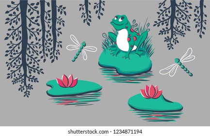 Pattern with frog, water lily, dragonfly, tree reflection on grey background. Hand drawn vector illustration can be used as a print for baby apparel, cards, packaging design. Smiled frog ornament.