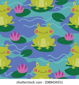 Pattern with frogs and lotuses. Frogs on the water. Cute cartoon animal background for kids design.