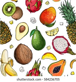 Pattern of fruit. Fresh food. Pineapple, avocado, papaya, apricot, mango, grape, pitahaya line drawn on a white background. Vector illustration. 