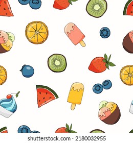 A pattern of fruit and icecream on white background. Vector illustration by hand draw. Summer greeting card, banner, picture for notebook, background.